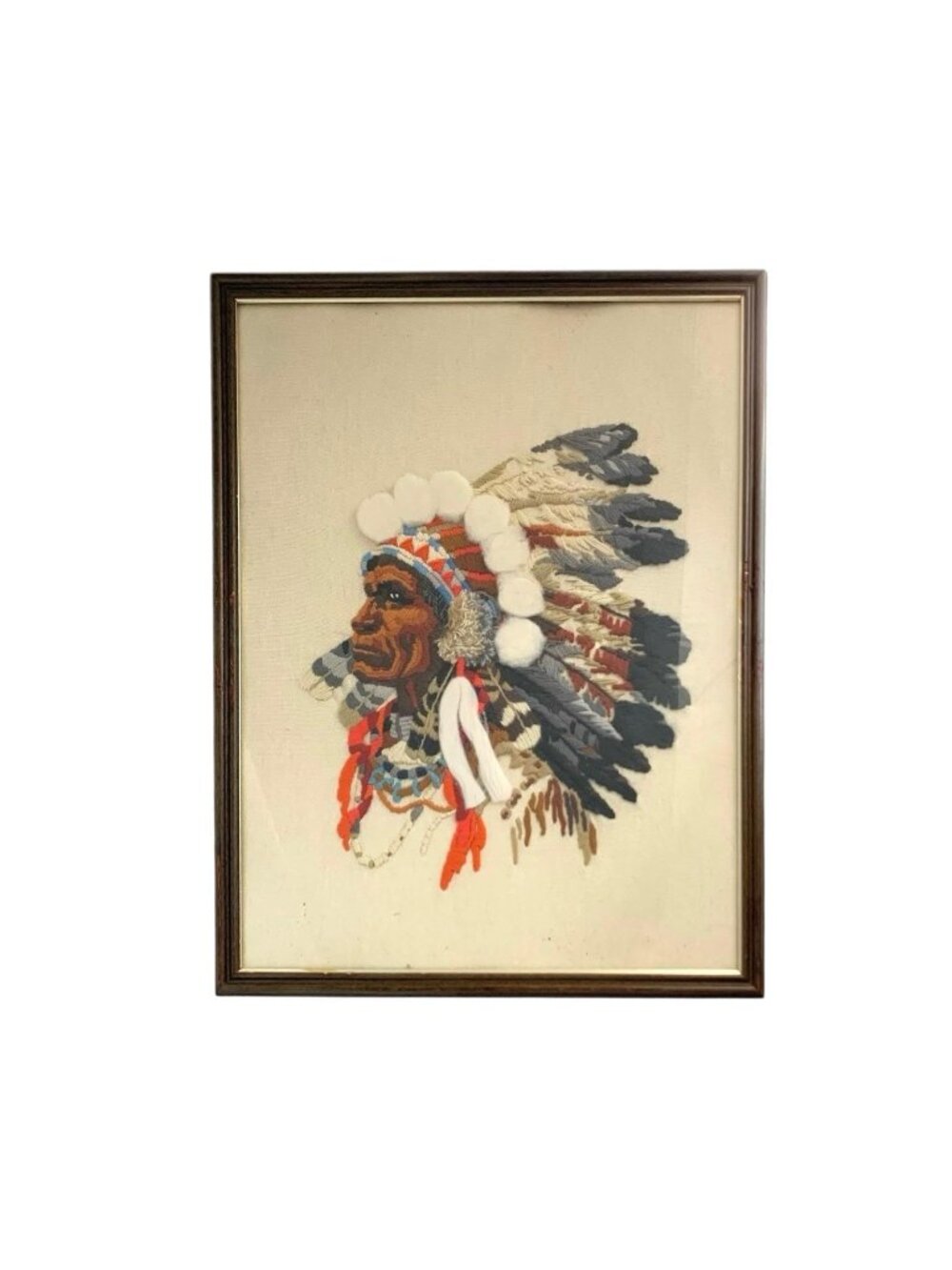 Portrait Native American Mixed Media Crewel Embroidery Vintage Art Decor